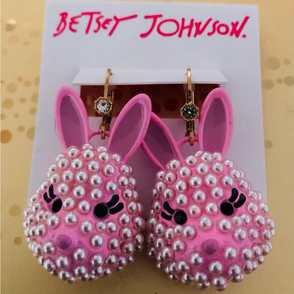 Authentic Betsey Johnson Earrings, Pink Enamel Bunny Pearl Beaded Rhinestone NWT